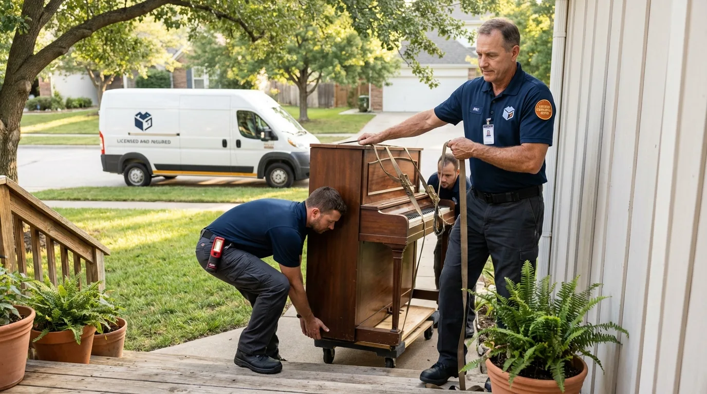 Licensed piano movers securing grand piano in De Pere, WI