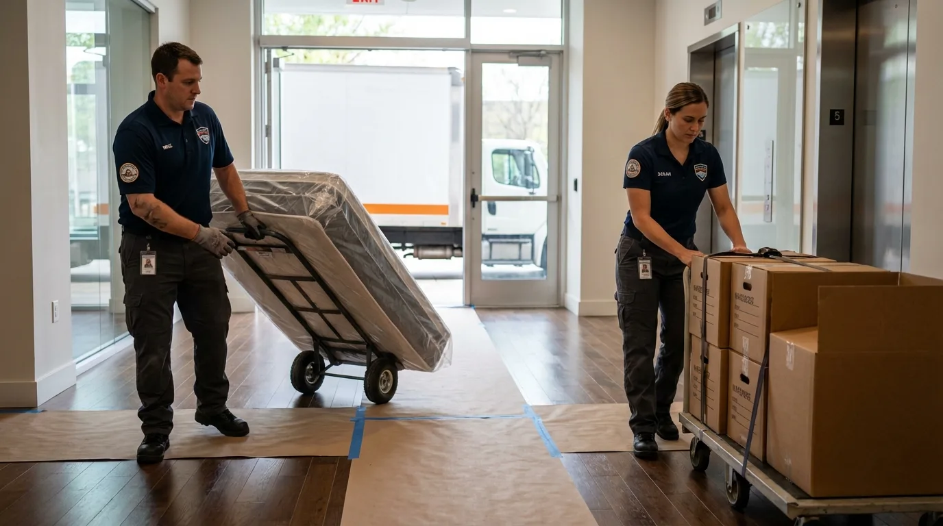 Professional apartment movers loading elevator in De Pere, WI